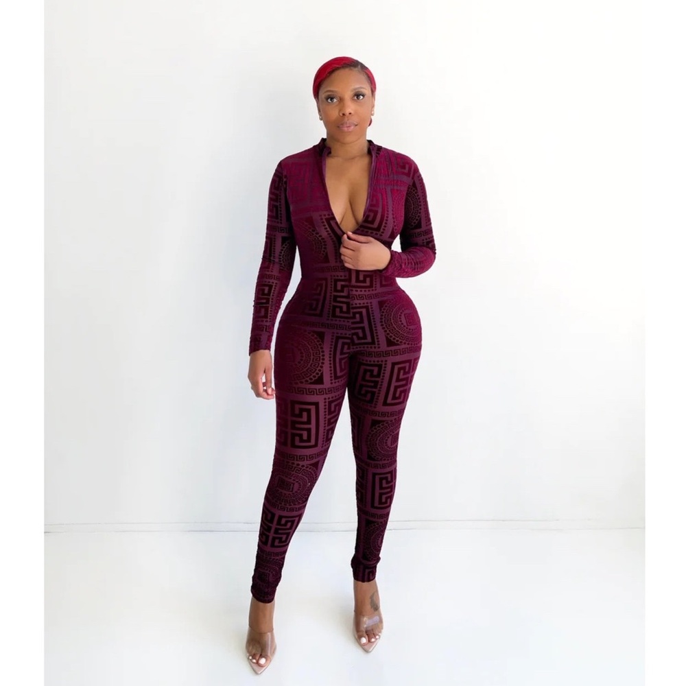 Greca Velvet Jumpsuit in Burgundy